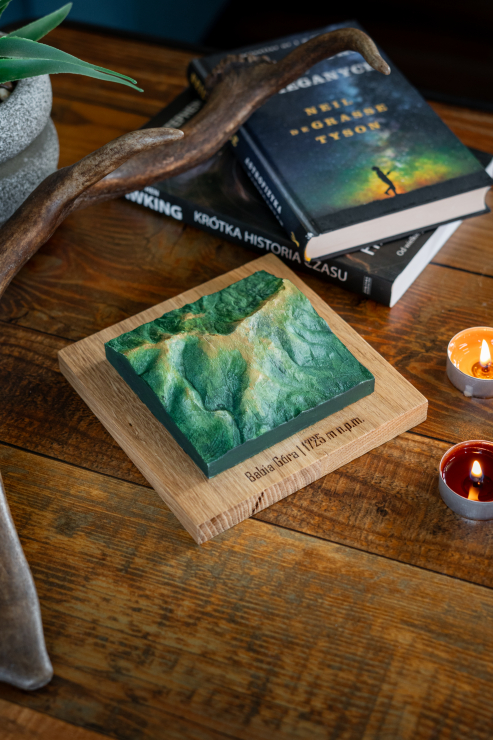 Makieta gór z naturalnego drewna. Tatry szczyty mapa.